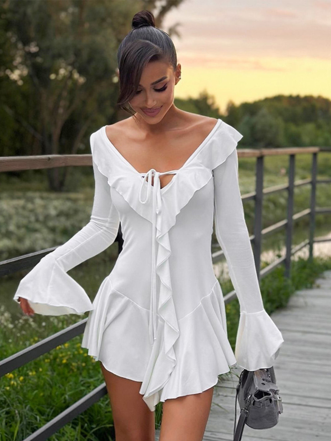 

KPOP Women Bell Sleeves Bodycon Dress, White