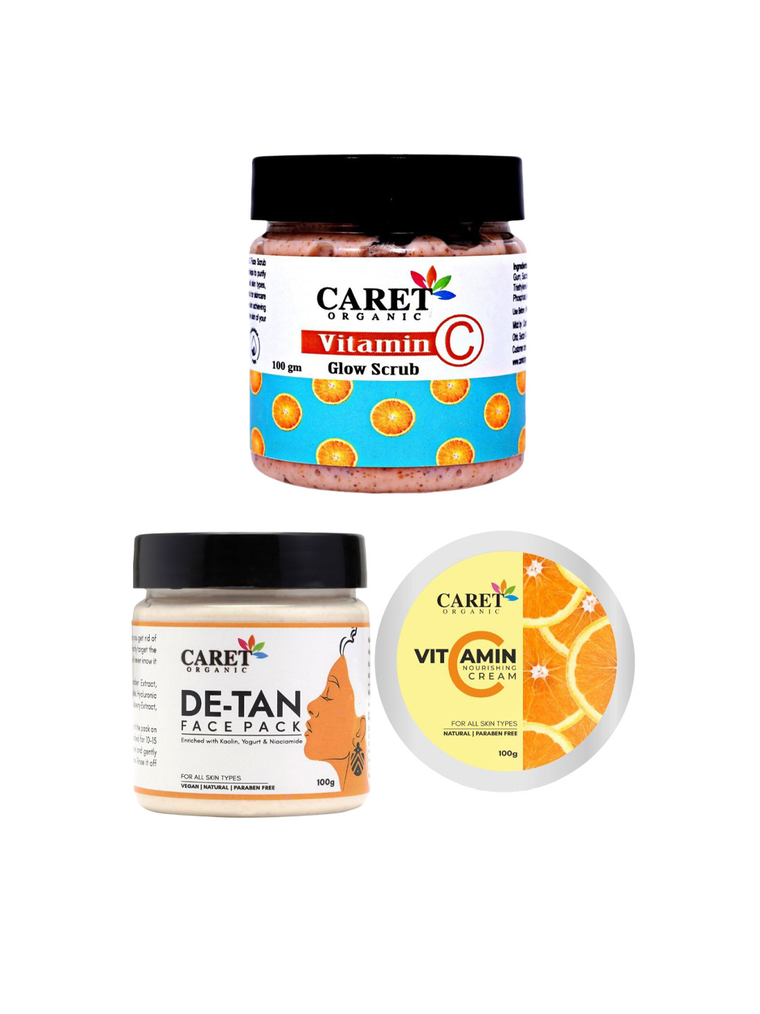 

CARET ORGANIC Set Of 3 Glow Scrub, De-Tan Face Pack & Nourishing Cream - 100 g Each, White