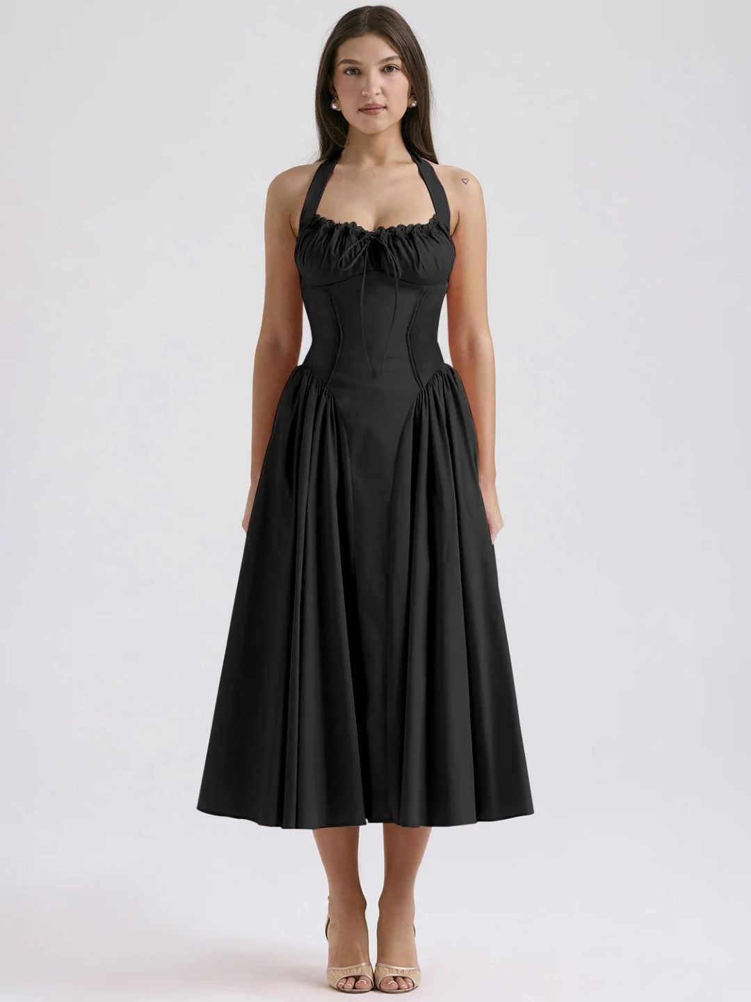 

KPOP Women Halter Neck Fit - Flare Midi Dress, Black
