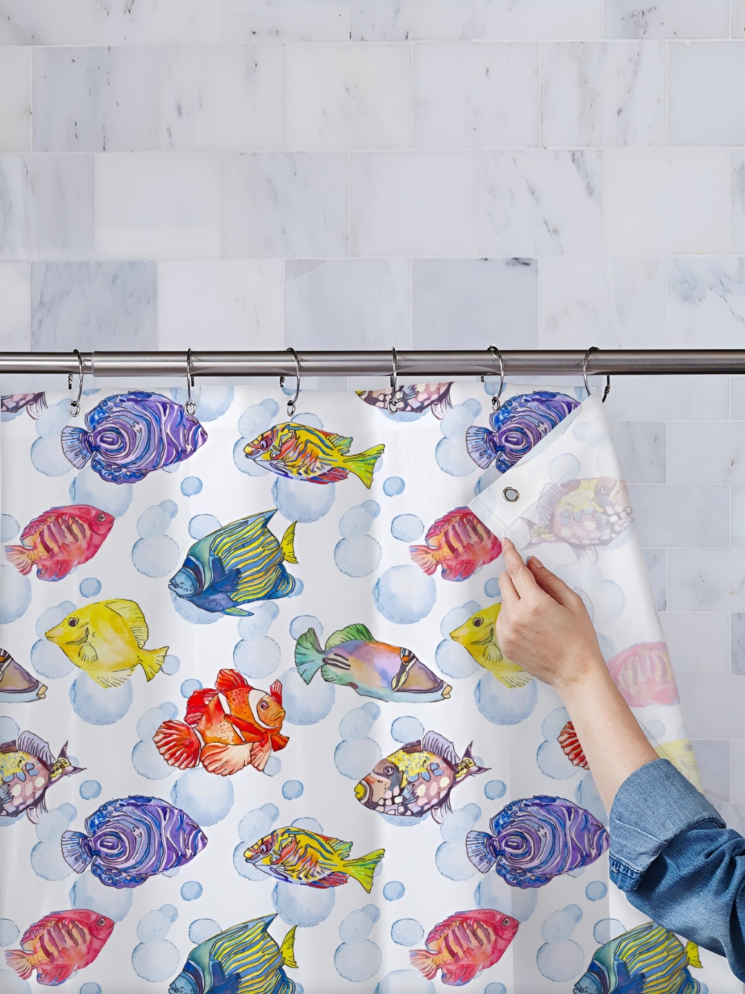 

ArtzFolio White & Blue Printed Waterproof Shower Curtain