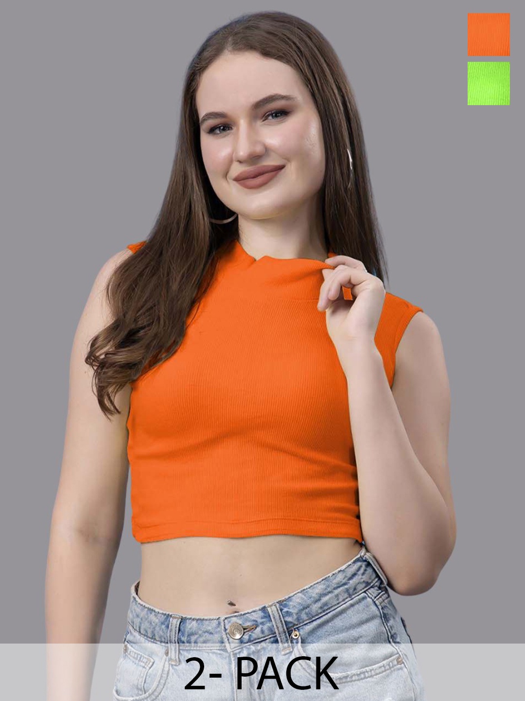 

Friskers Women Pack of 2 Cotton High Neck Crop Top, Orange