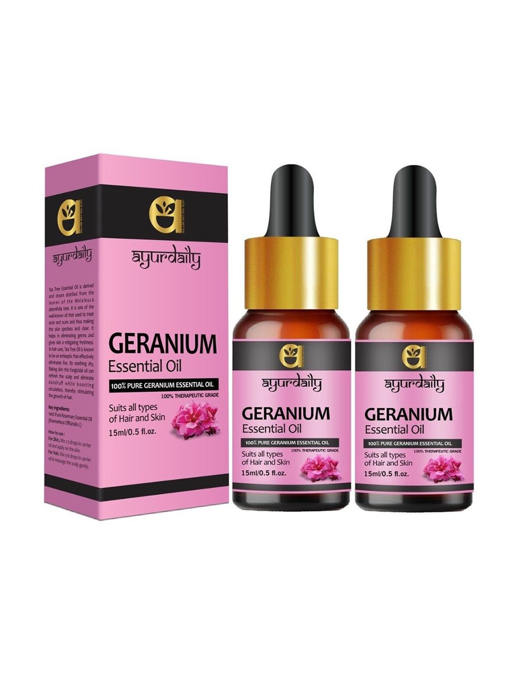 

Ayurdaily Set Of 2 Pure Natural Geranium Essential Oil For Skin & Hair - 15 ml Each, Pink