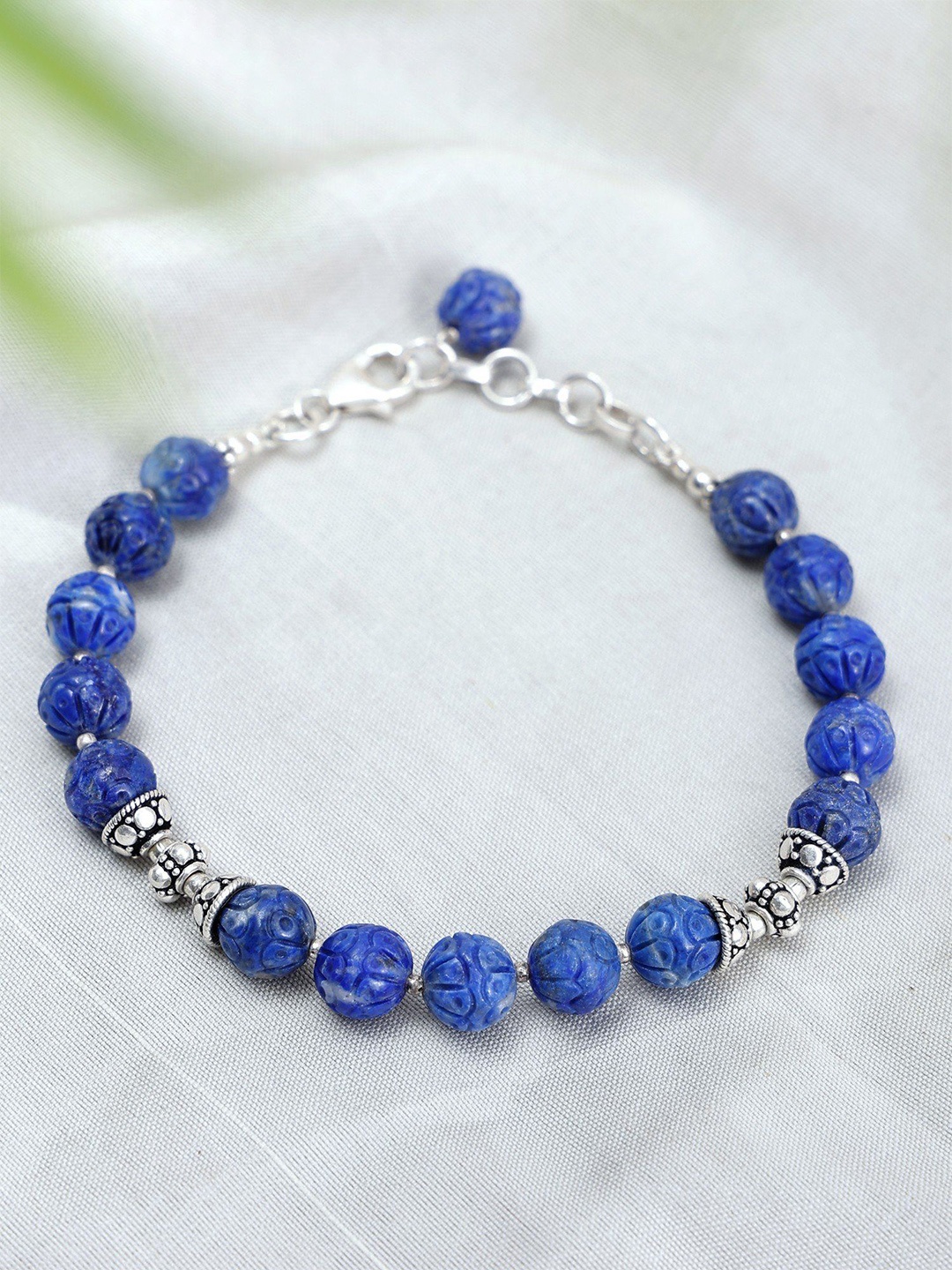 

Exotic India Carved Lapis Lazuli Beaded Sterling Silver Plated Charm Bracelet
