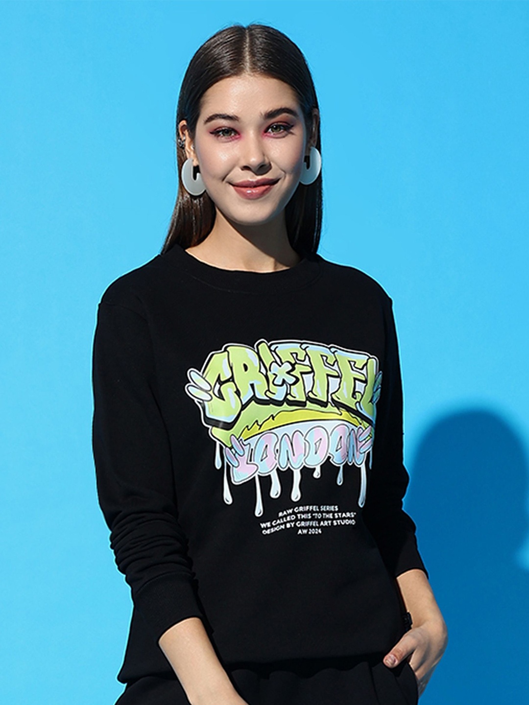 

GRIFFEL Women Graphic Printed Round Neck Long Sleeves Sweatshirt, Black