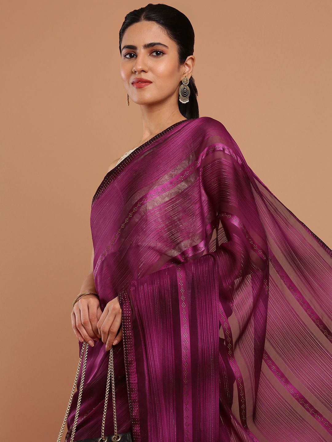 

Kalyan Silks Beads and Stones Embellished Striped Bagru Saree, Purple