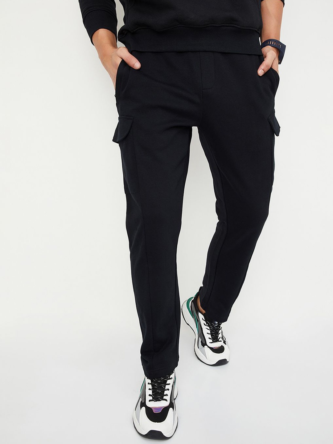 

max Men Regular Fit Cargo Track Pants, Black