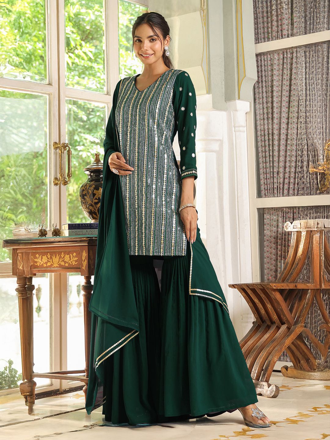 

Janasya Women Georgette Sequined Straight Kurta with Sharara & Dupatta Set, Green