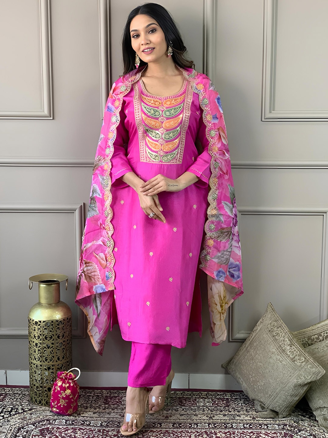 

KALINI Paisley Yoke Design Thread Work Chanderi Silk Straight Kurta with Trouser & Dupatta, Pink