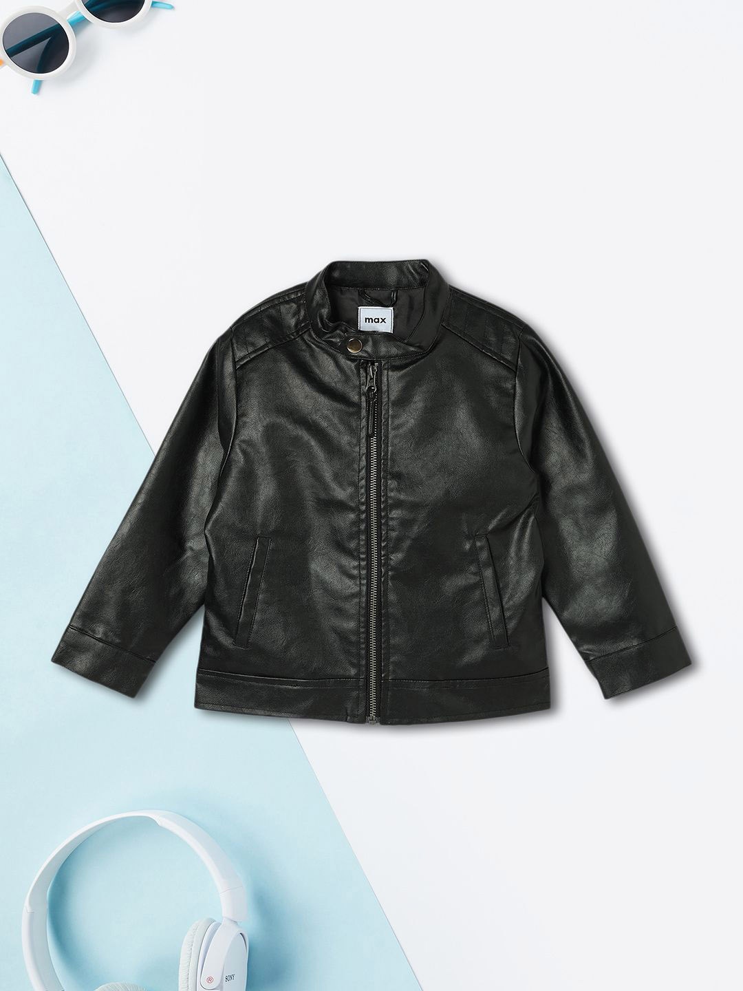 

max Boys Polyester Crop Biker Jacket with Patchwork, Black