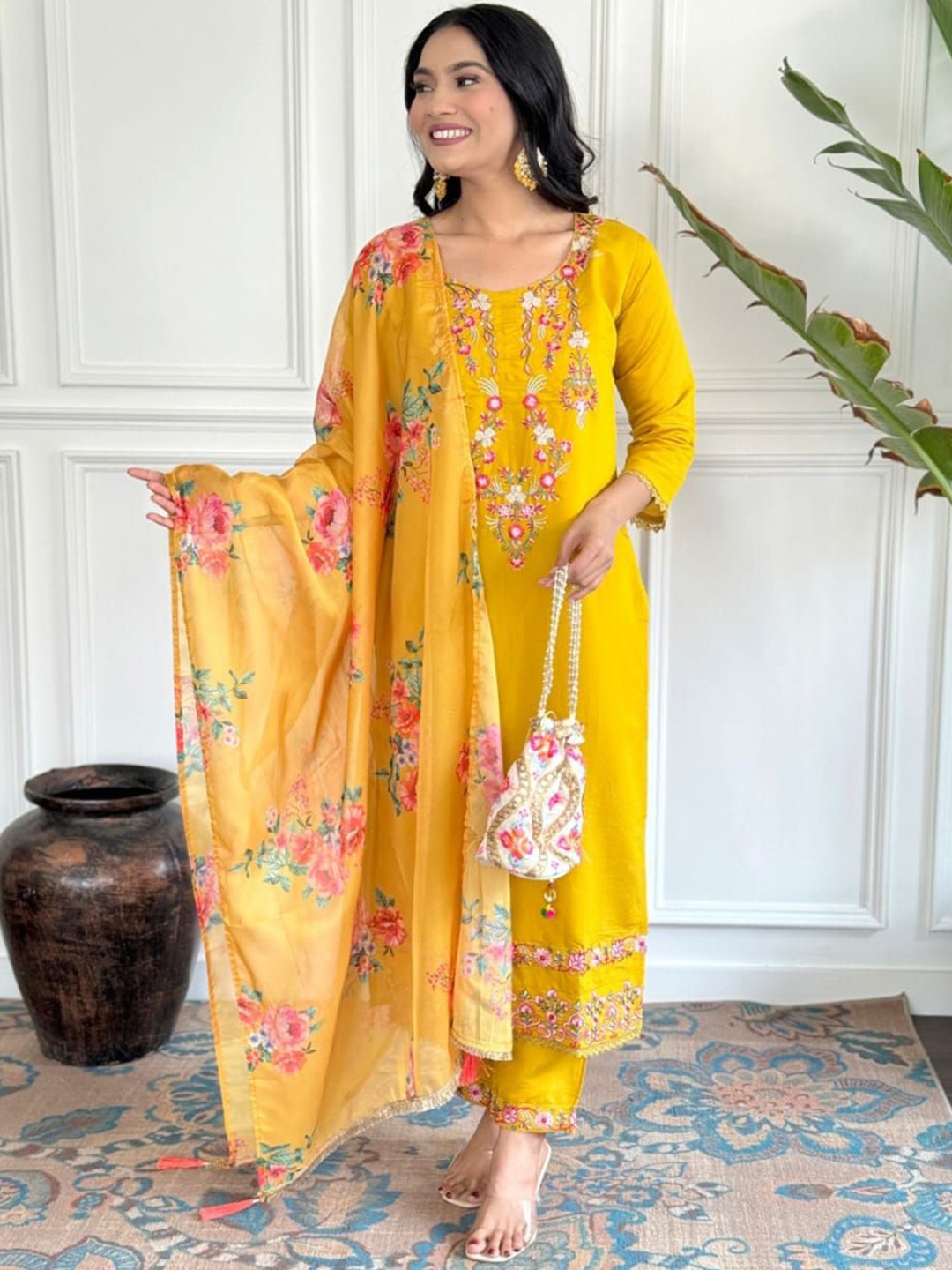 

KALINI Floral Embroidered Regular Thread Work Straight Kurta with Trousers & Dupatta, Yellow