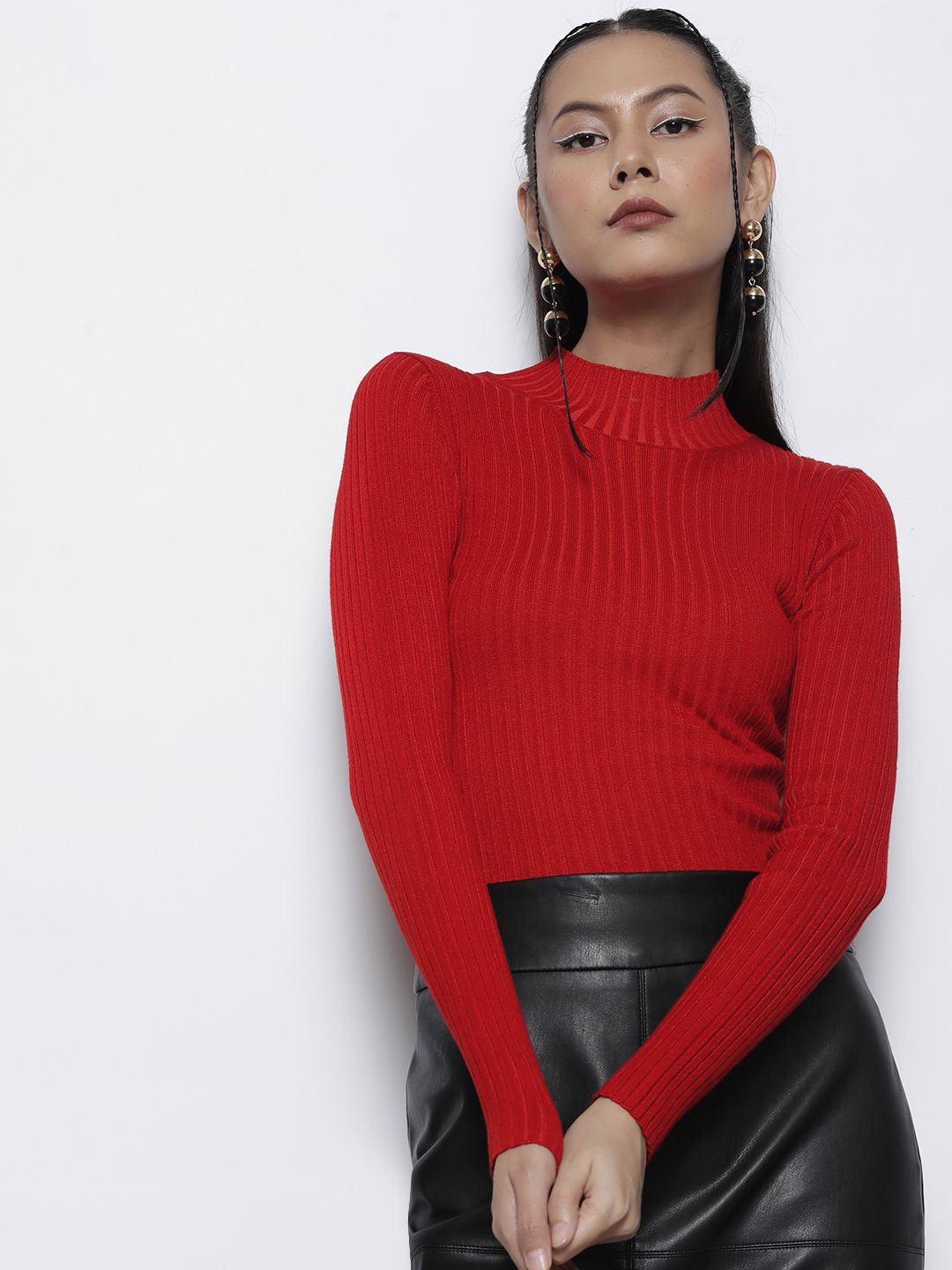 

SASSAFRAS Women High Neck Full Sleeves Sweater Pullover, Red