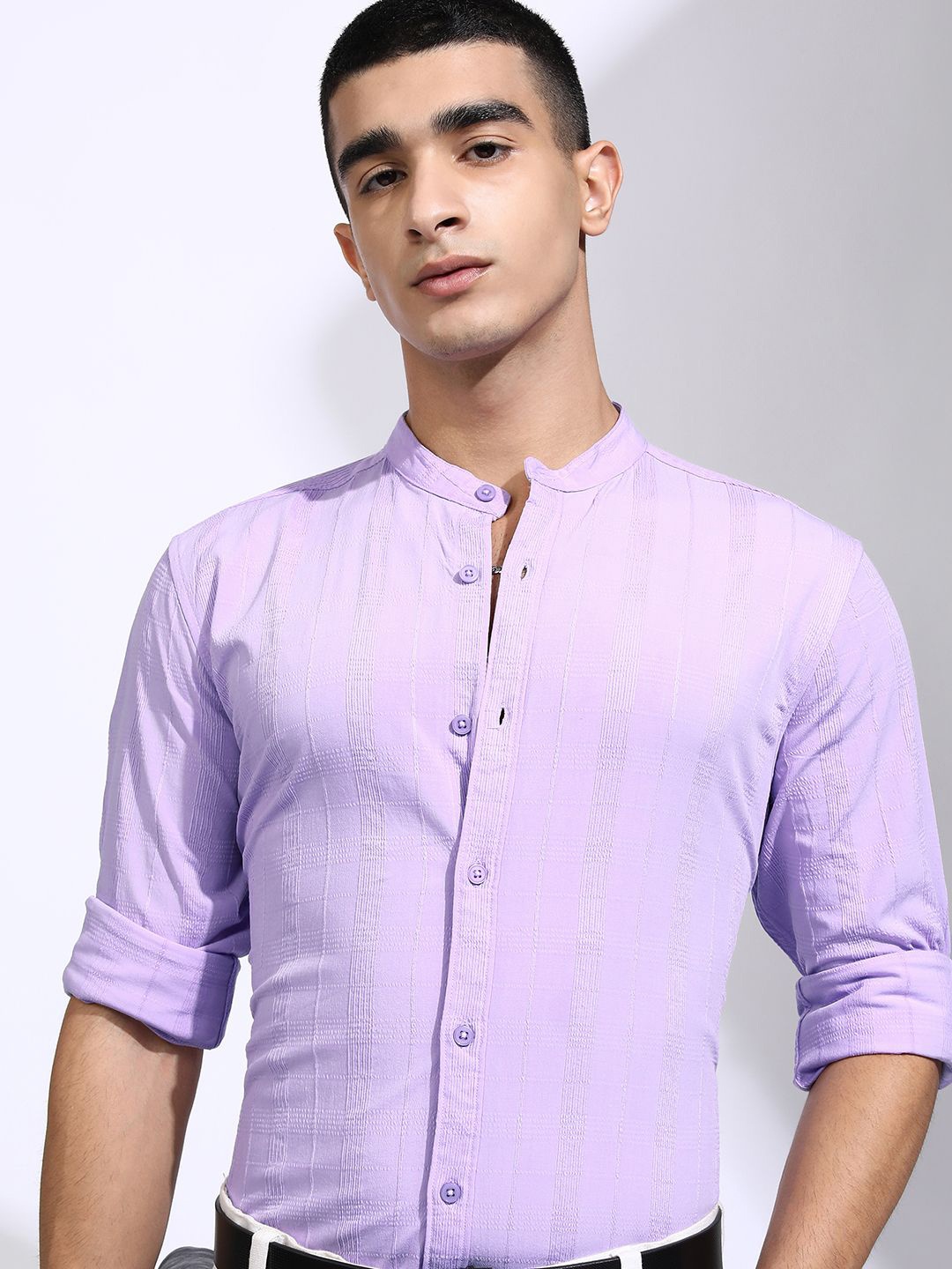 

HIGHLANDER Men Dobby Textured Striped Mandarin Collar Casual Shirt, Lavender