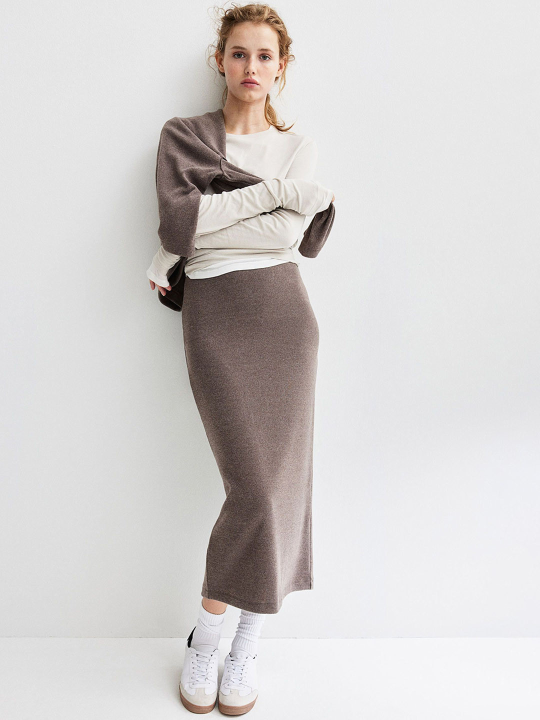 

H&M Ribbed Midi Skirt, Beige