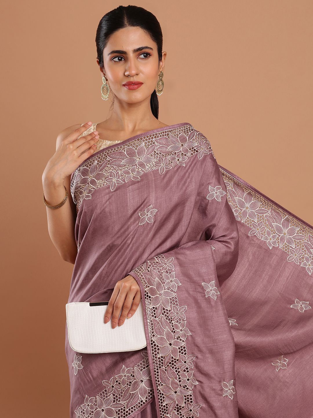 

Kalyan Silks Floral Embroidered Cut Work Jute Cotton Tussar Saree, Purple