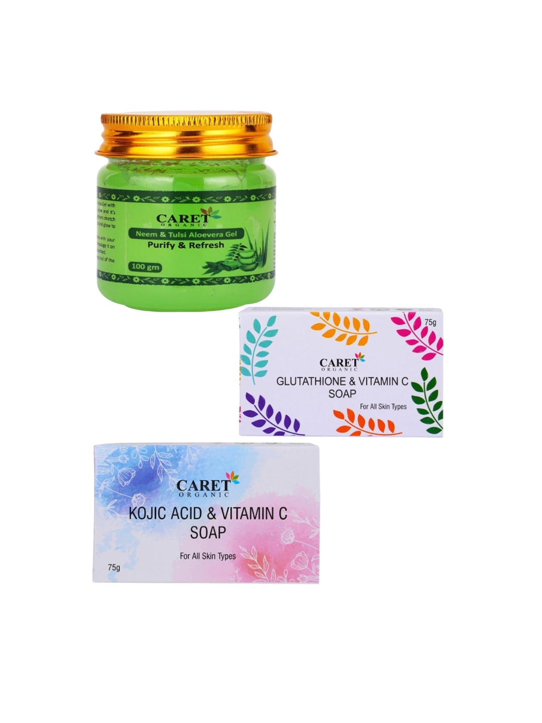 

CARET ORGANIC Set of 3 Aloe Vera Gel with Kojic Acid Vitamin C Soap & Glutathione Soap, White