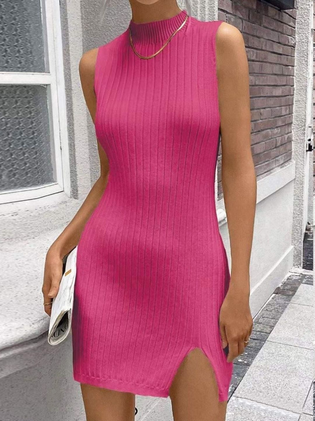 

KPOP Women Striped Mandarin Collar Short Sleeves Above Knee Bodycon Dress, Pink