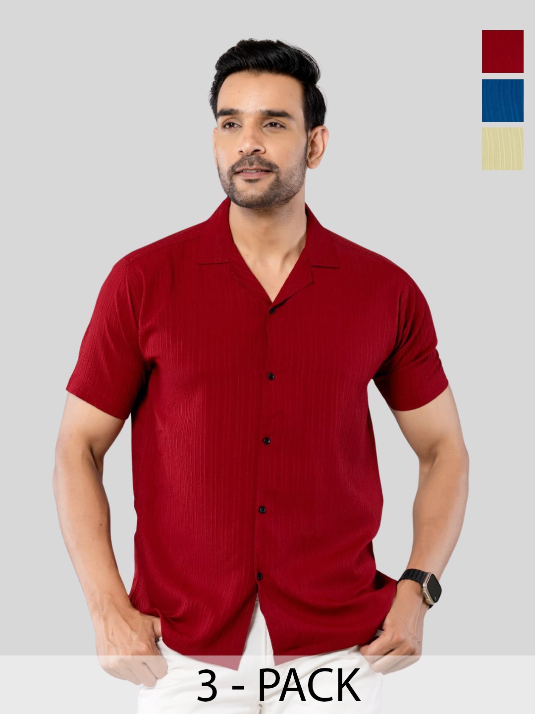 

Aanys Culture Men Pack Of 3 Classic Cuban Collar Textured Crepe Casual Shirts, Red