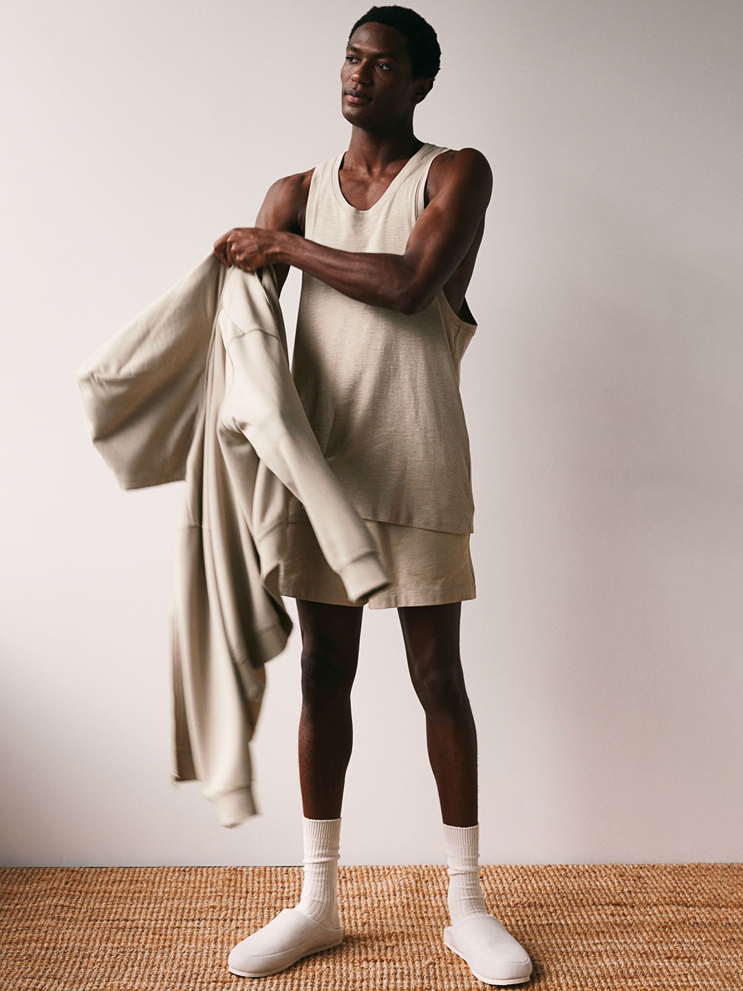 

H&M Pure Cotton Pyjama Vest Top and Shorts, Beige