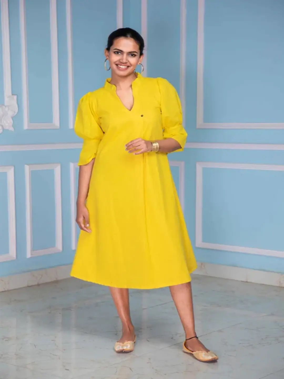 

THE SAFFRON SAGA Women Puff Sleeve A-Line Midi Dress, Yellow