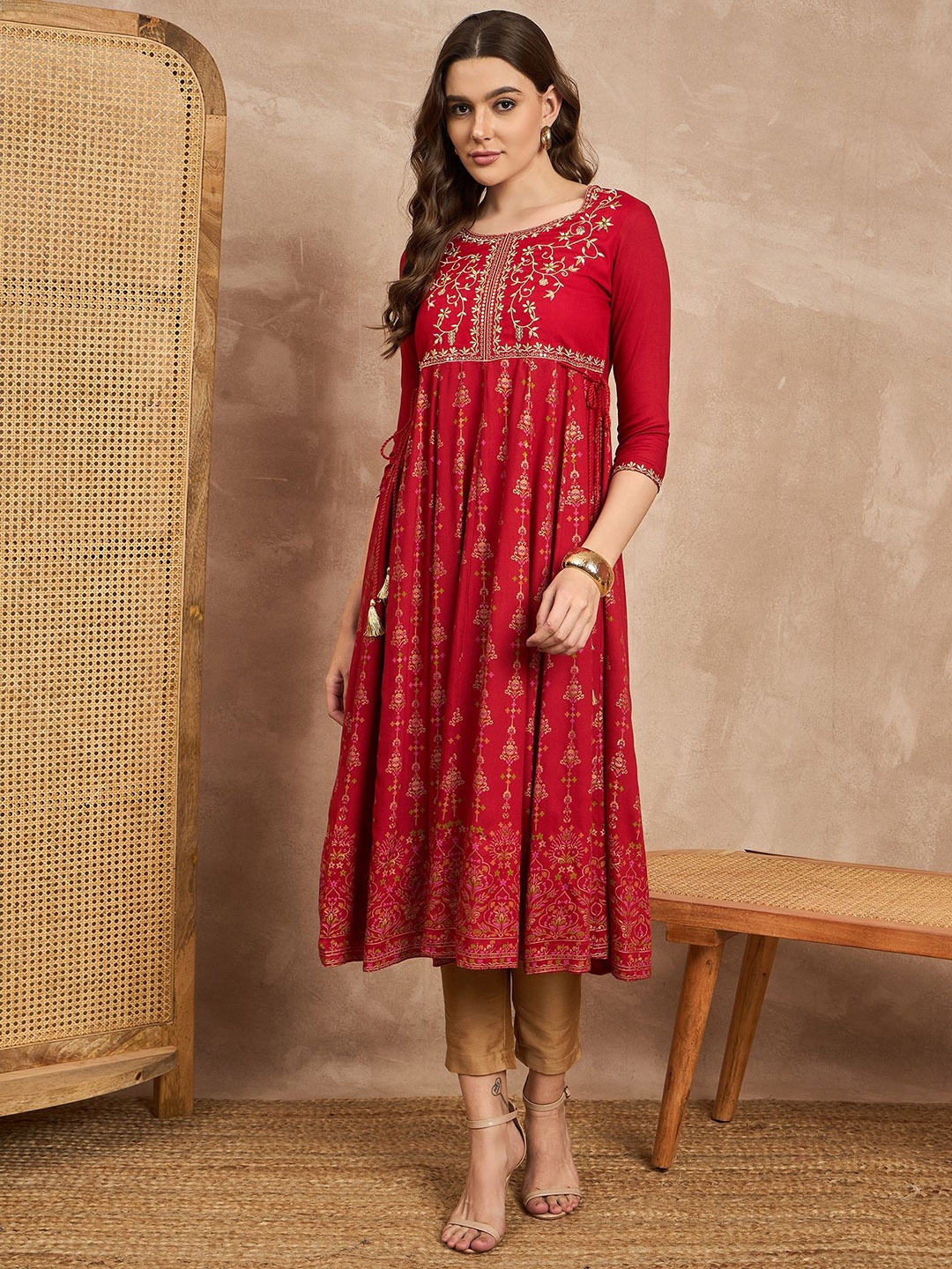 

all about you Floral Printed Thread Work Anarkali Kurta, Maroon