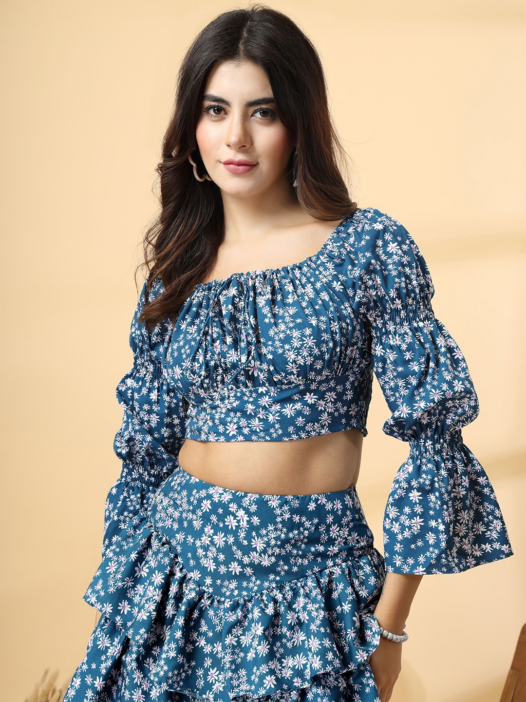 

Oomph! Women Floral Print Bell Sleeve Crepe Crop Top, Blue