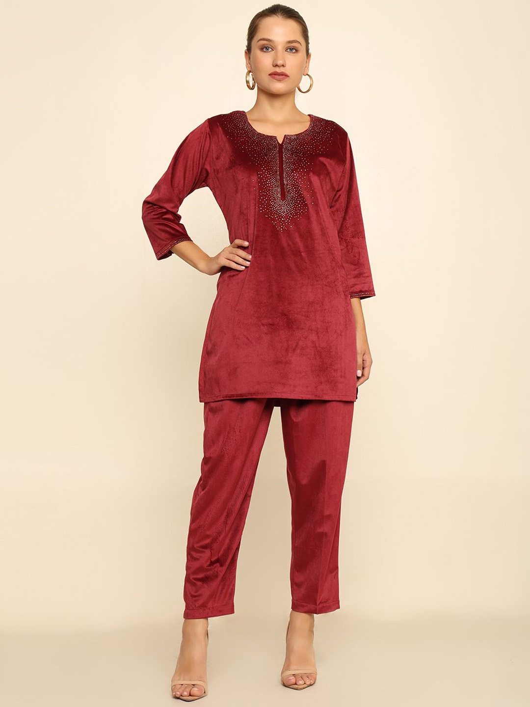 

CRAFTBAZAR Embroidered Sequinned Velvet A-Line Kurta With Trousers, Maroon