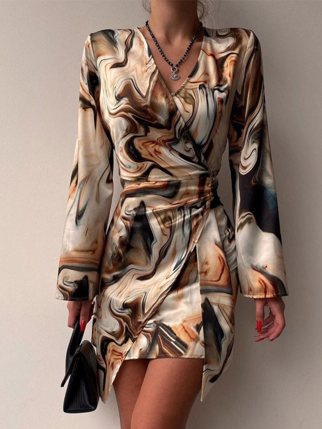 

HERE&NOW Women Abstract Printed Wrap Dress, Brown