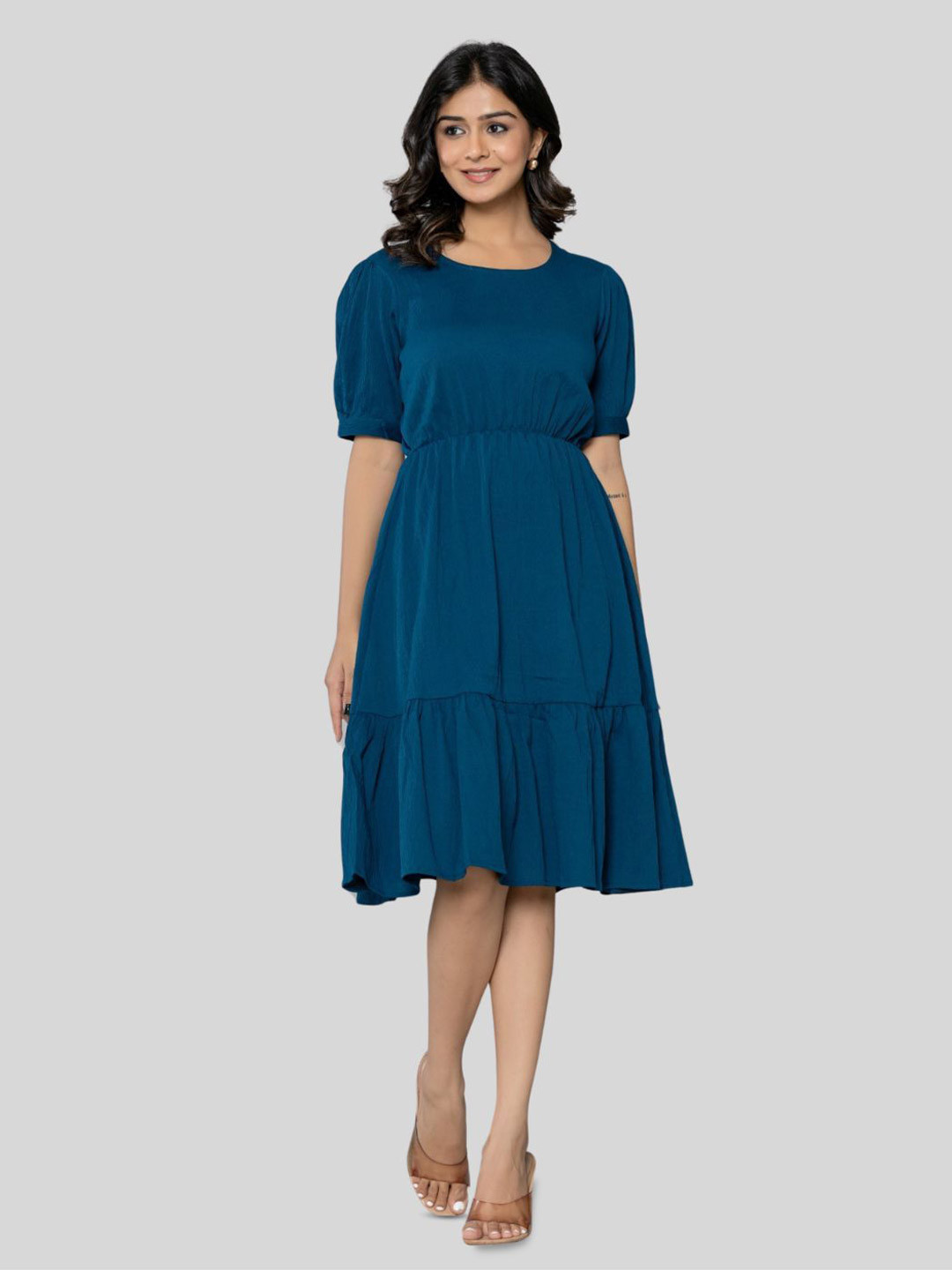 

Aanys Culture Women Cotton Puff Sleeve Applique Fit & Flare Midi Dress, Turquoise blue