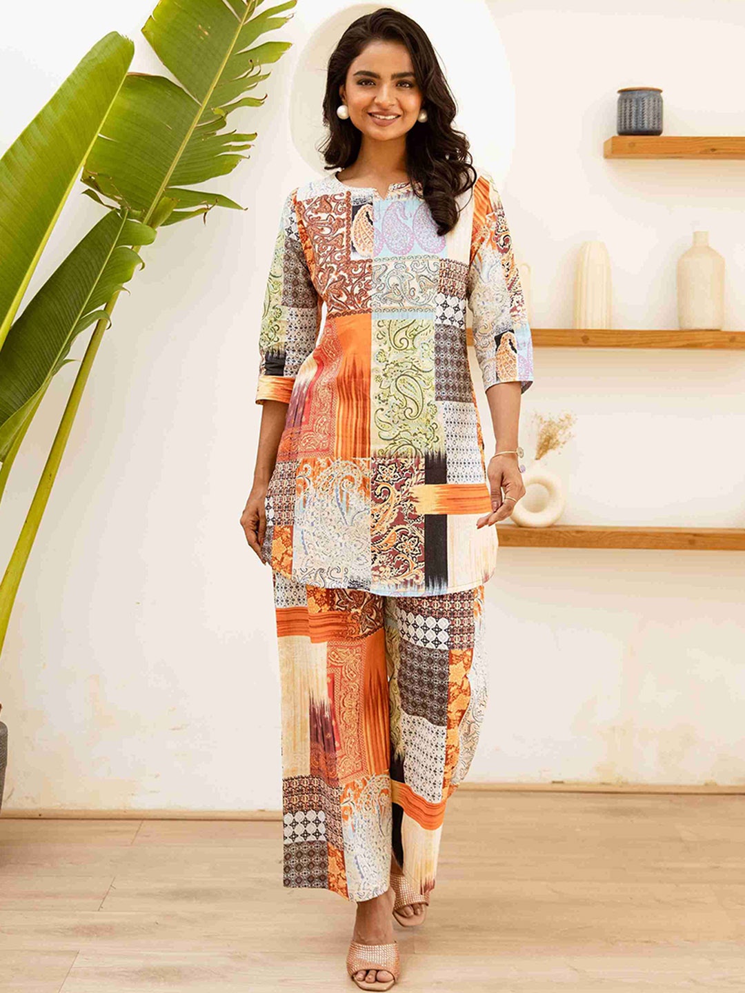 

HUKUM Notch Neck Printed Pure Cotton Top With Palazzo, Orange