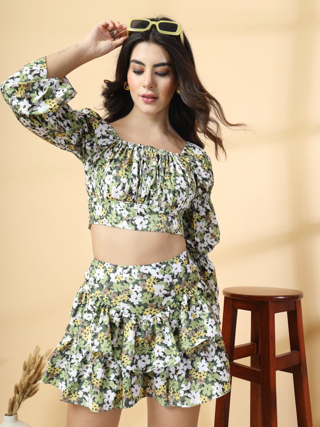 

Oomph! Women Floral Printed Tie-Ups Gathered Blouson Crop Top, Green