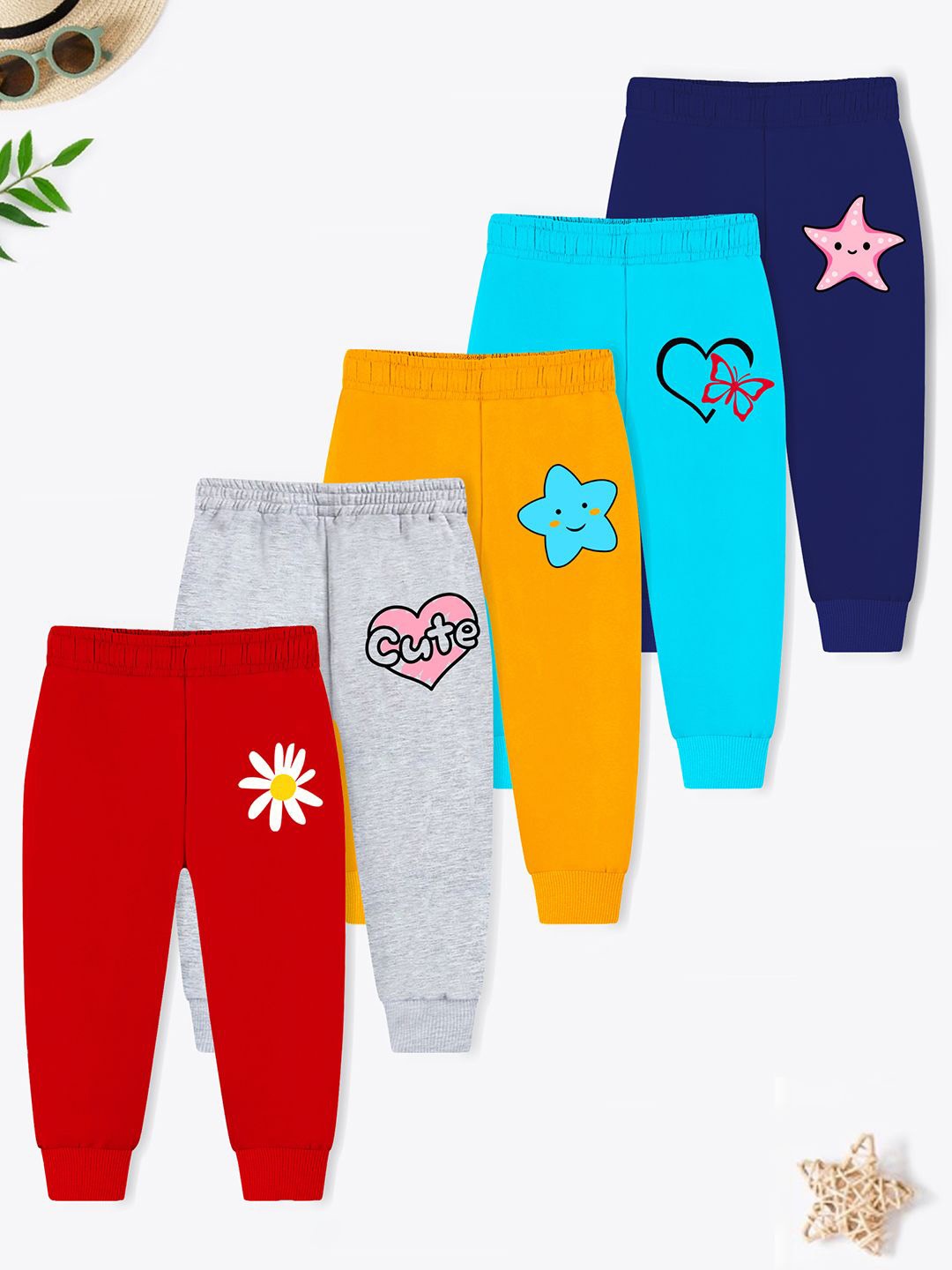 

YK X Trampoline Kids Infants Pack of 5 Graphic Printed Cotton Joggers, Red