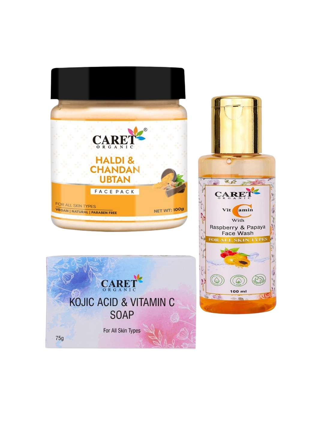 

CARET ORGANIC Set Of 3 Ubtan Face Pack With Kojic Acid Soap & Vitamin C Face Wash, White