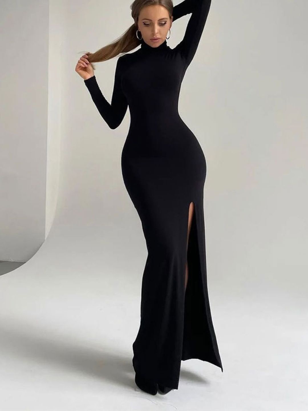 

KPOP Women Mandarin Collar Long Sleeves Bodycon Maxi Dress, Black