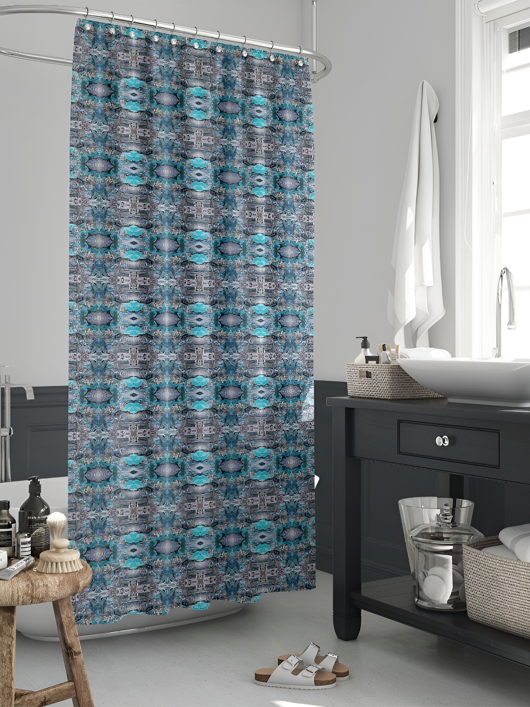 

ArtzFolio Grey & Blue Printed Waterproof Shower Curtain