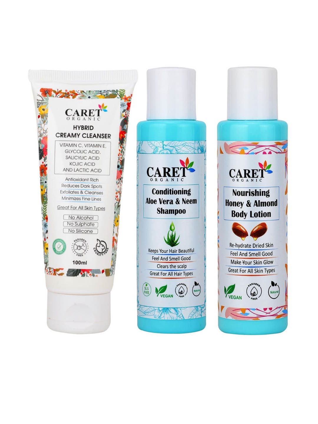 

CARET ORGANIC Set Of 3 Creamy Cleanser, Neem Shampoo & Almond Body Lotion-100ml Each, White