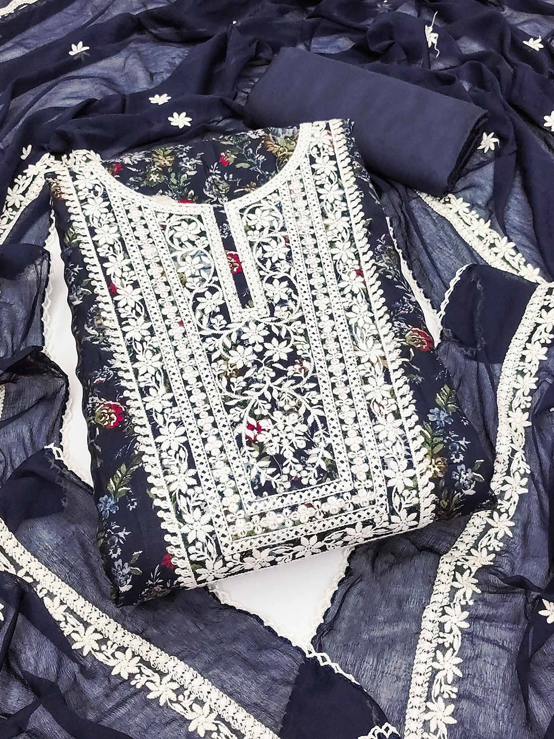 

Peachmode Floral Embroidered Thread Work Unstitched Dress Material, Navy blue