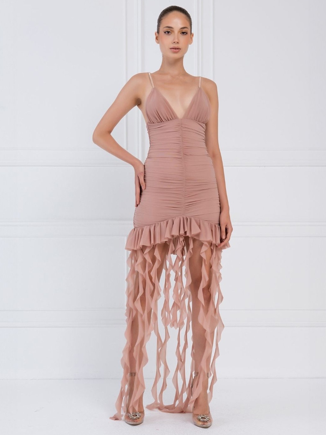 

KPOP Shoulder Straps Ruched Bodycon Dress, Brown