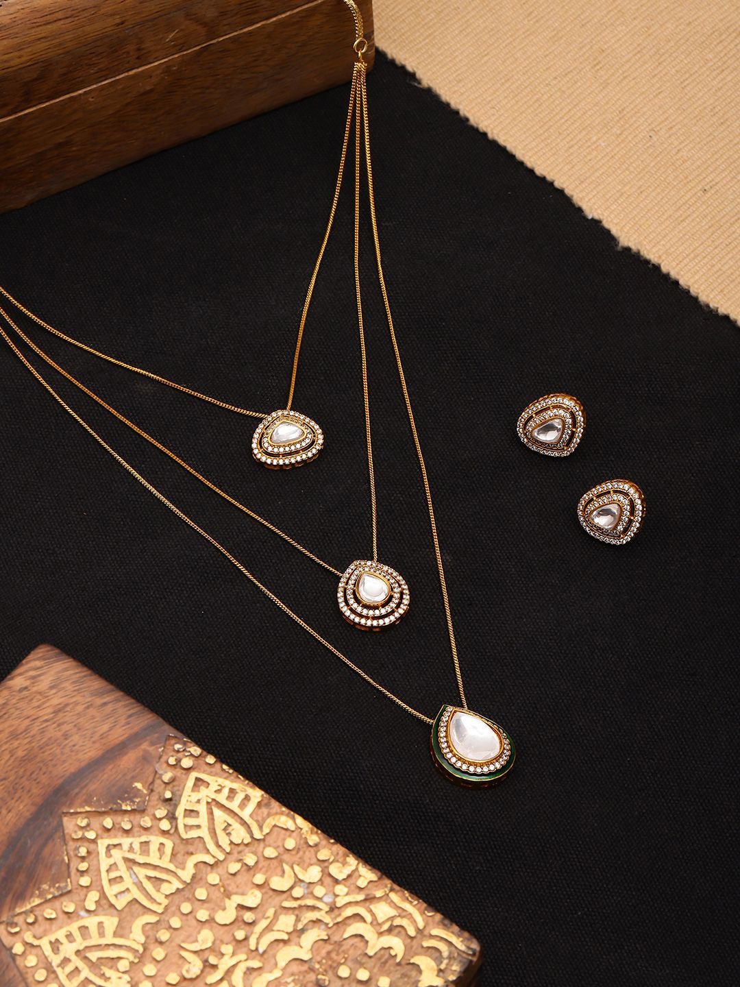 

Ruby Raang Gold-Plated Kundan-Studded Layered Necklace and Earrings