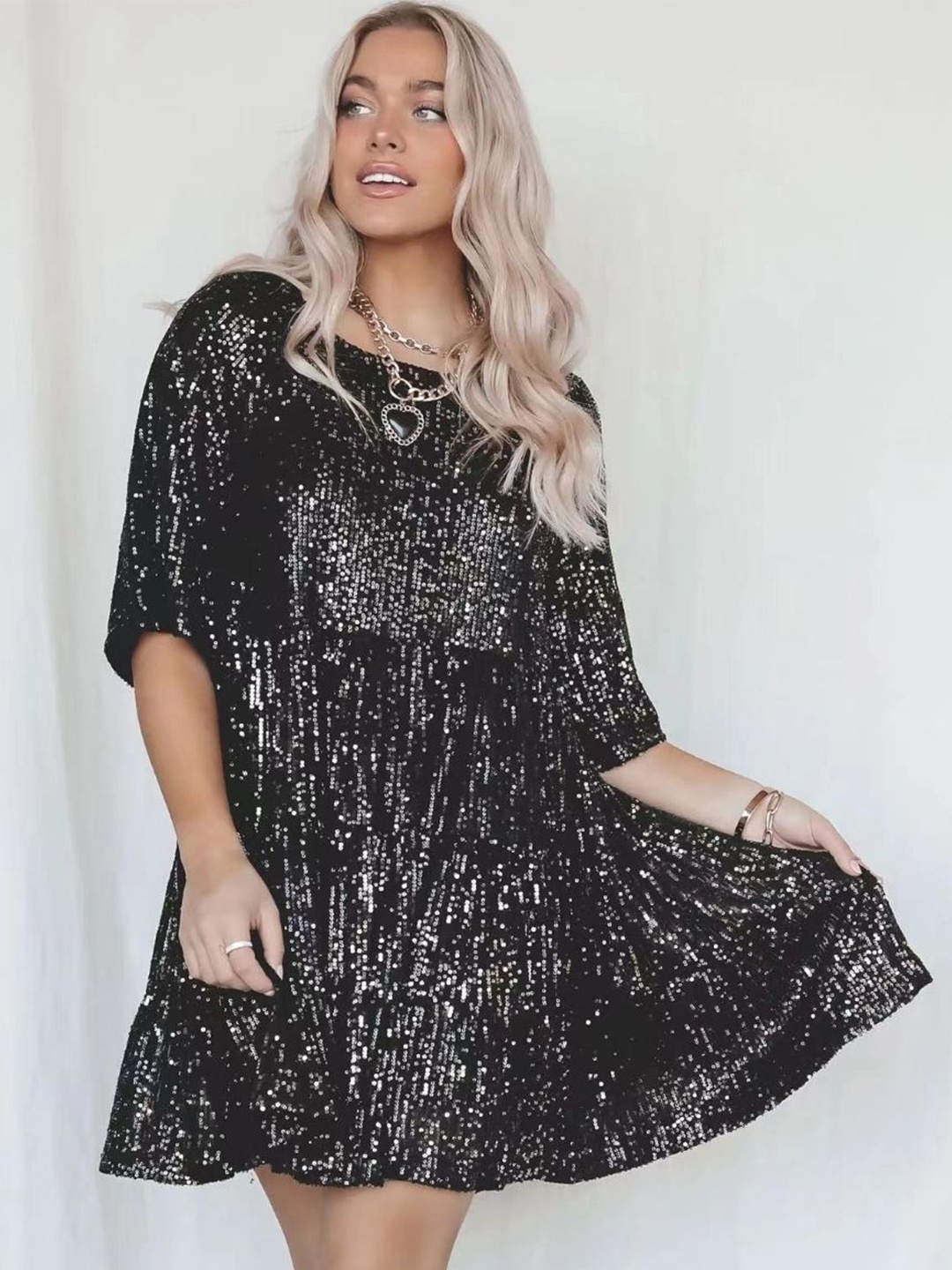 

StyleCast Women Embellished Round Neck A-Line Dress, Black