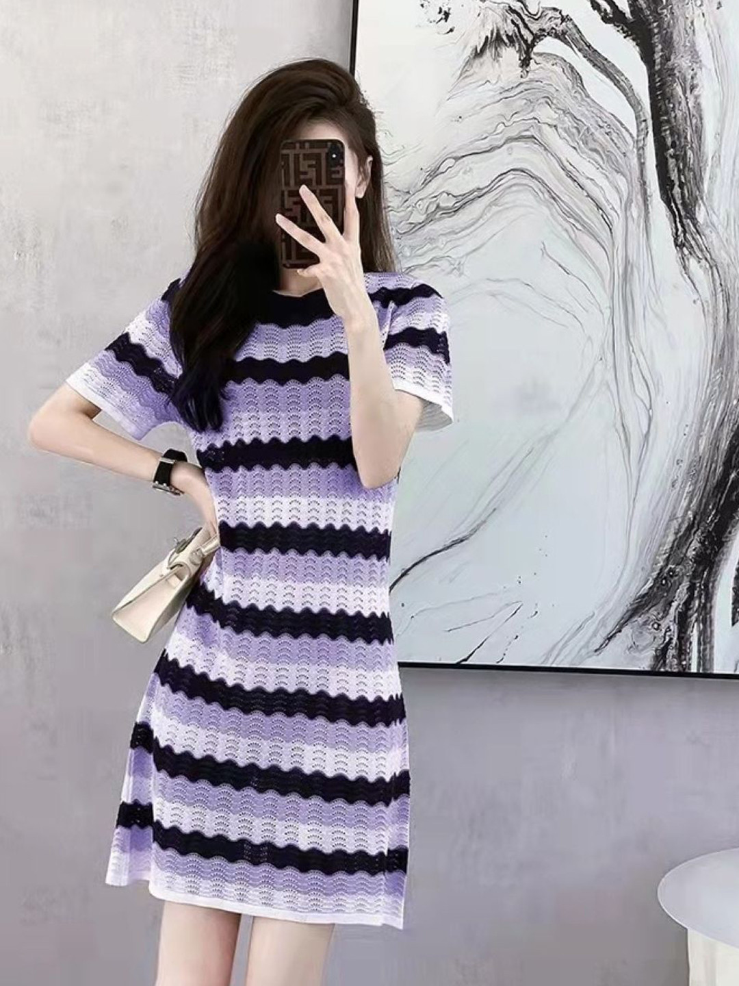 

HERE&NOW Women Striped Round Neck A-Line Dress, Purple