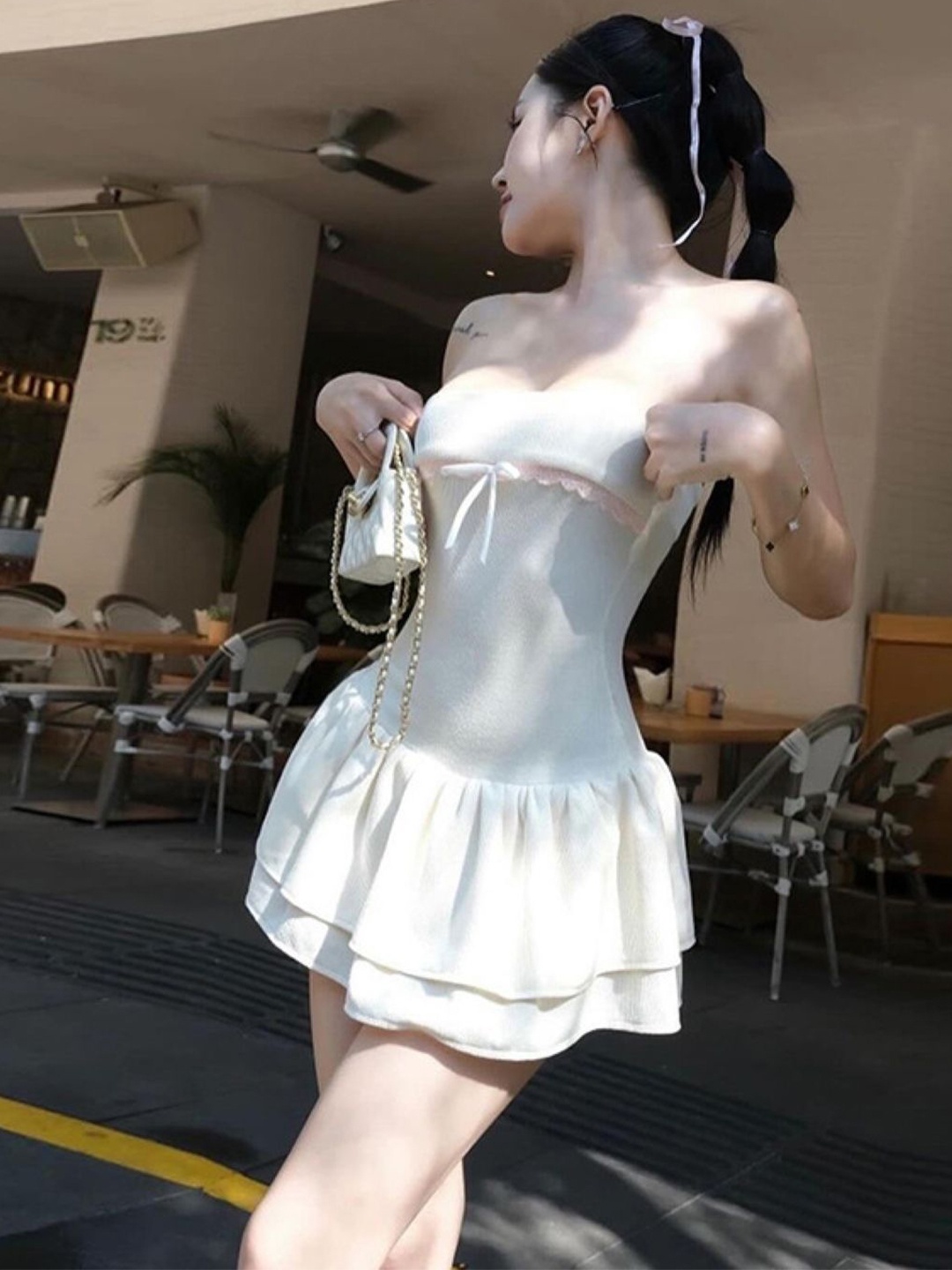 

KPOP Women Layered Above Knee Sleeveless Bandea Dress, White
