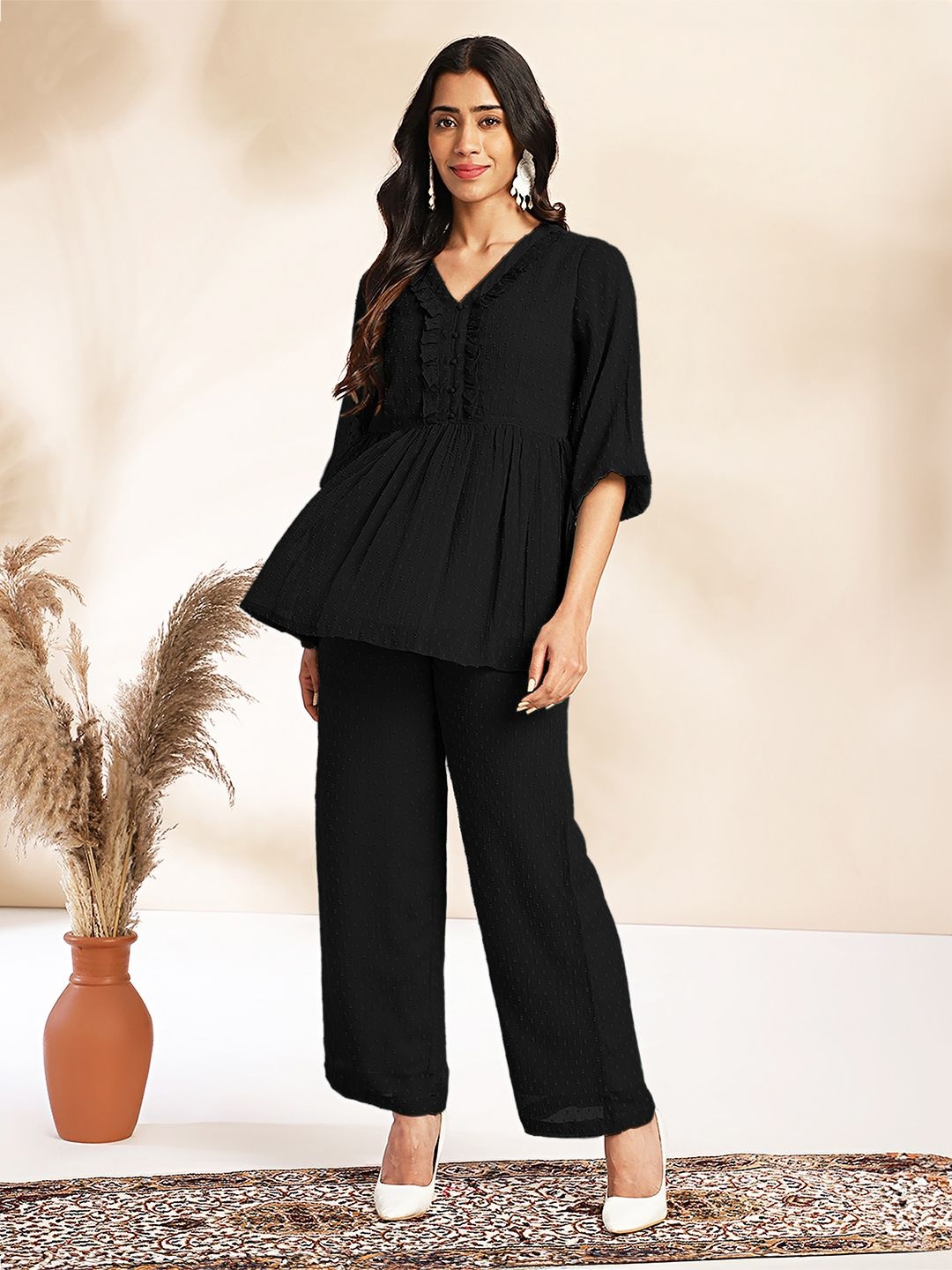 

Janasya Woven Design V-Neck Top With Trousers, Black