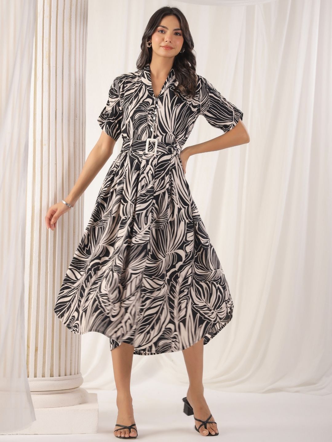 

Kaftanize Printed Shirt Collar Short Sleeves A-Line Midi Dress Comes with a belt, Black