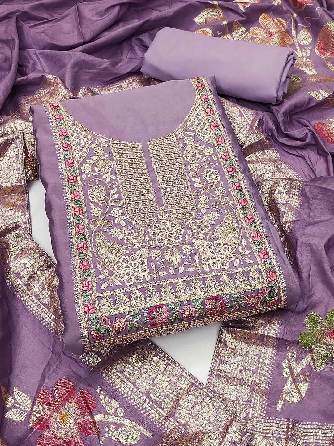 

Peachmode Floral Embroidered Sequinned Unstitched Dress Material, Lavender