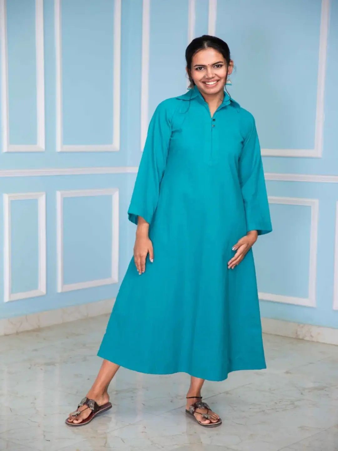 

THE SAFFRON SAGA Women Cotton Shirt Collar A-Line Midi Dress, Turquoise blue