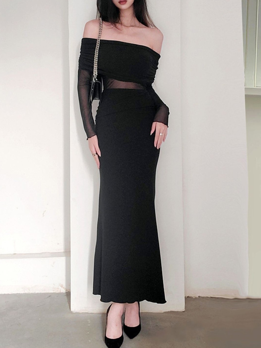 

KPOP Women Off-Shoulder Bandeau Maxi Dress, Black