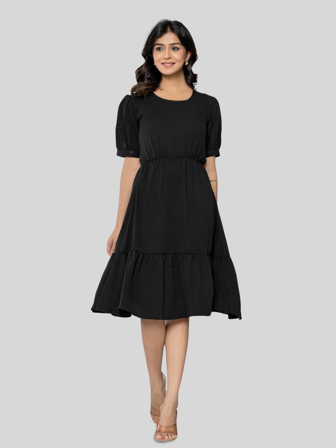 

Aanys Culture Women Puff Sleeve Applique Fit & Flare Midi Dress, Black