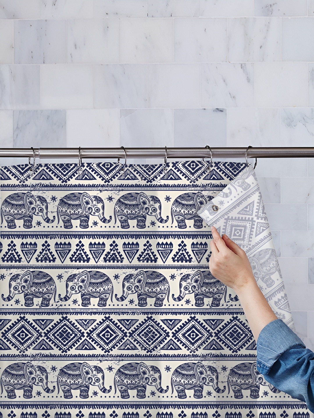 

ArtzFolio White & Blue Printed Waterproof Shower Curtain