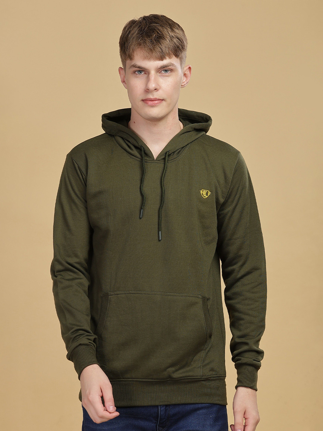 

WE PERFECT Men Hooded Applique Long Sleeves Sweatshirt, Olive