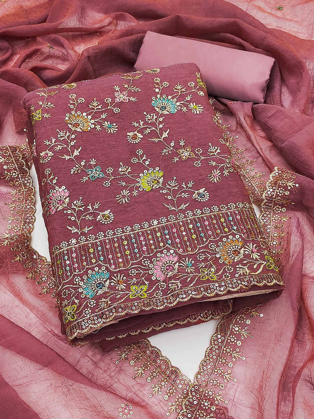 

Peachmode Floral Embroidered Sequinned Silk Chiffon Unstitched Dress Material, Pink